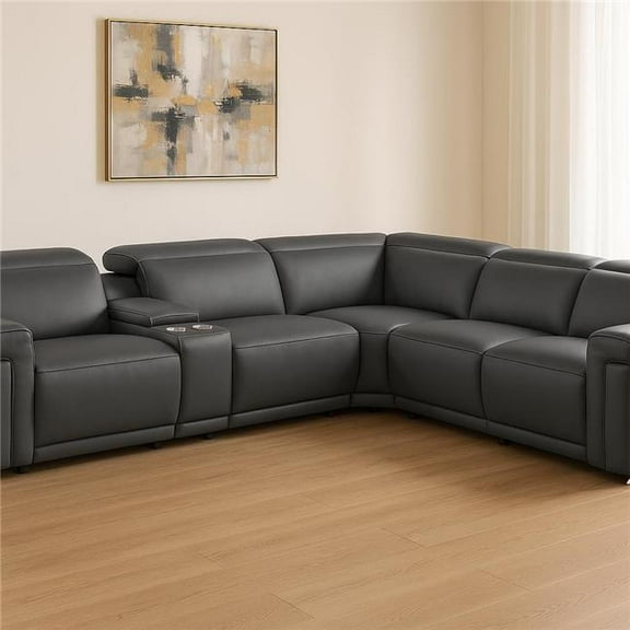 HomeRoots 534865 Gray Italian Leather Modular L Shaped 6 Piece Corner Sectional with Console