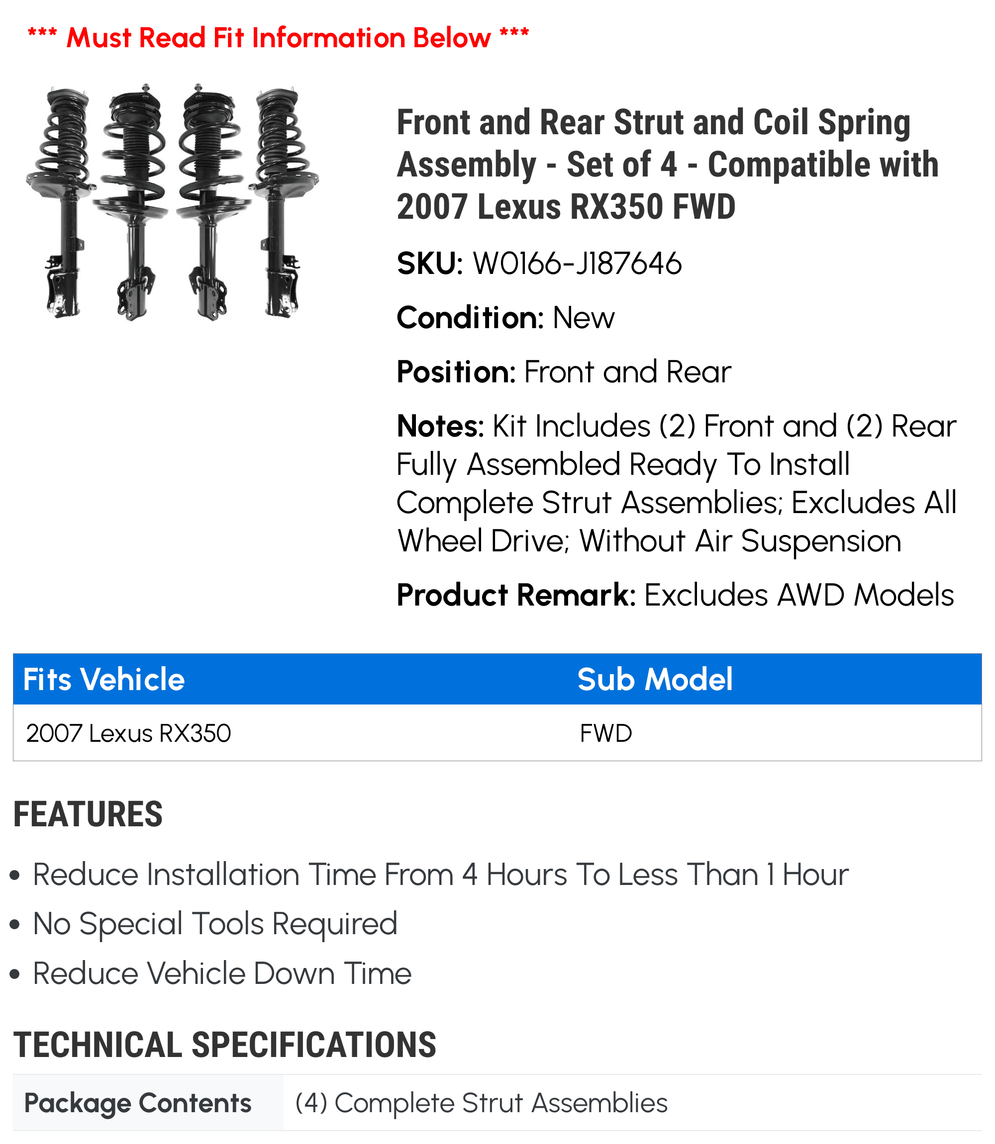 Front and Rear Strut and Coil Spring Assembly - Set of 4 - Compatible with 2007 RX350 FWD without Air Suspension