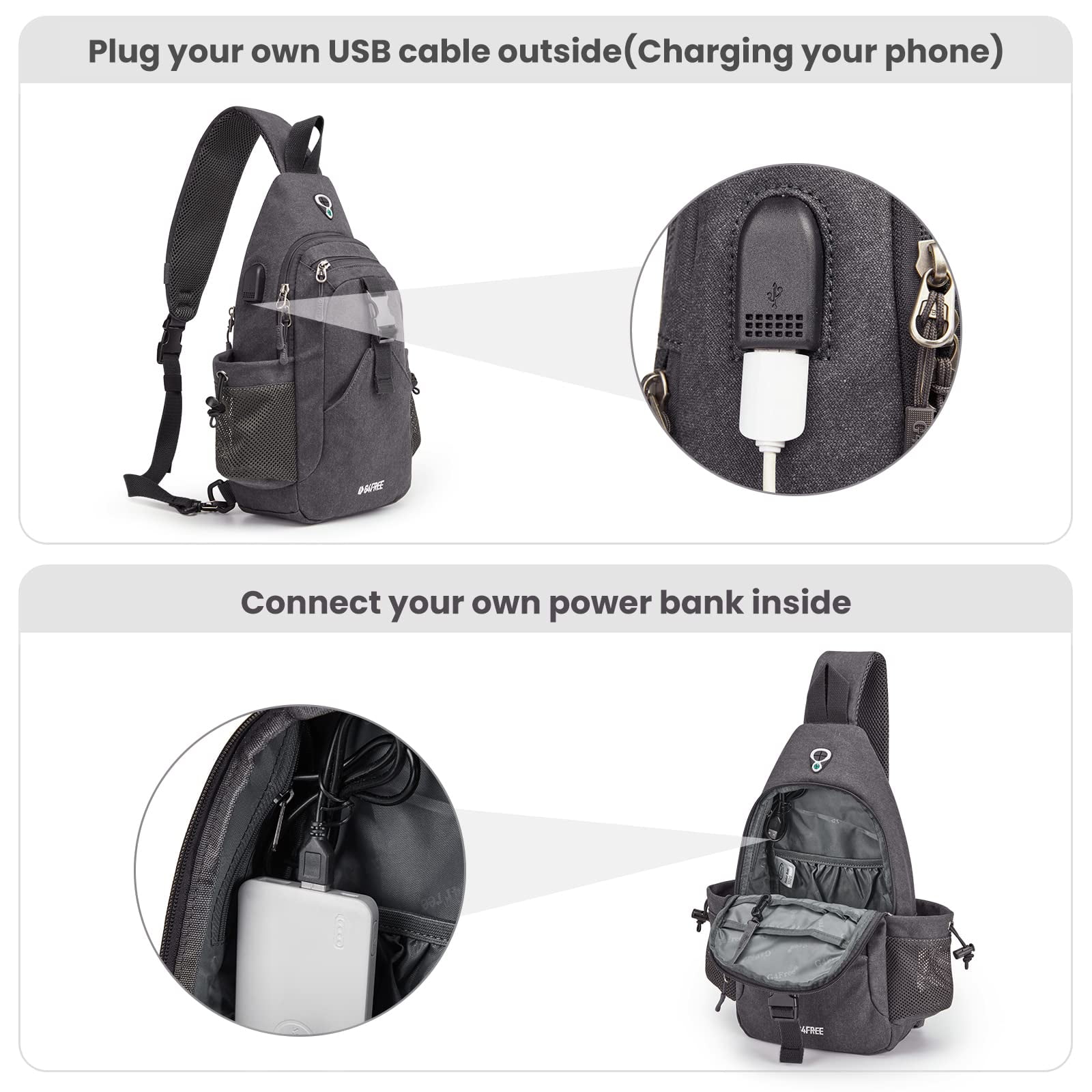 G4Free Canvas Sling Bag Crossbody Backpack with USB Charging Port & RFID Blocking, Hiking Daypack Chest Bag for Women Men