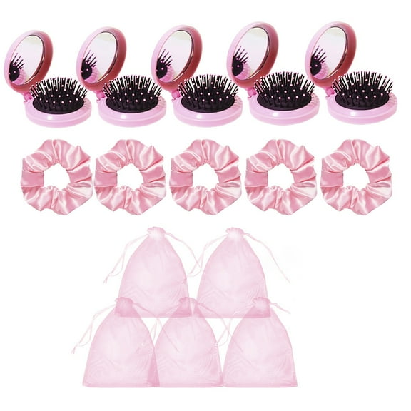 15Pcs Sleepover Party Supplies for Girls- Pink Party Favors, Include Folding Air Cushion Comb, Mirror, Hair Band & Organza Bag, Pink & Black, Ideal for Wedding, Teen Party, Birthday Celebration Gifts