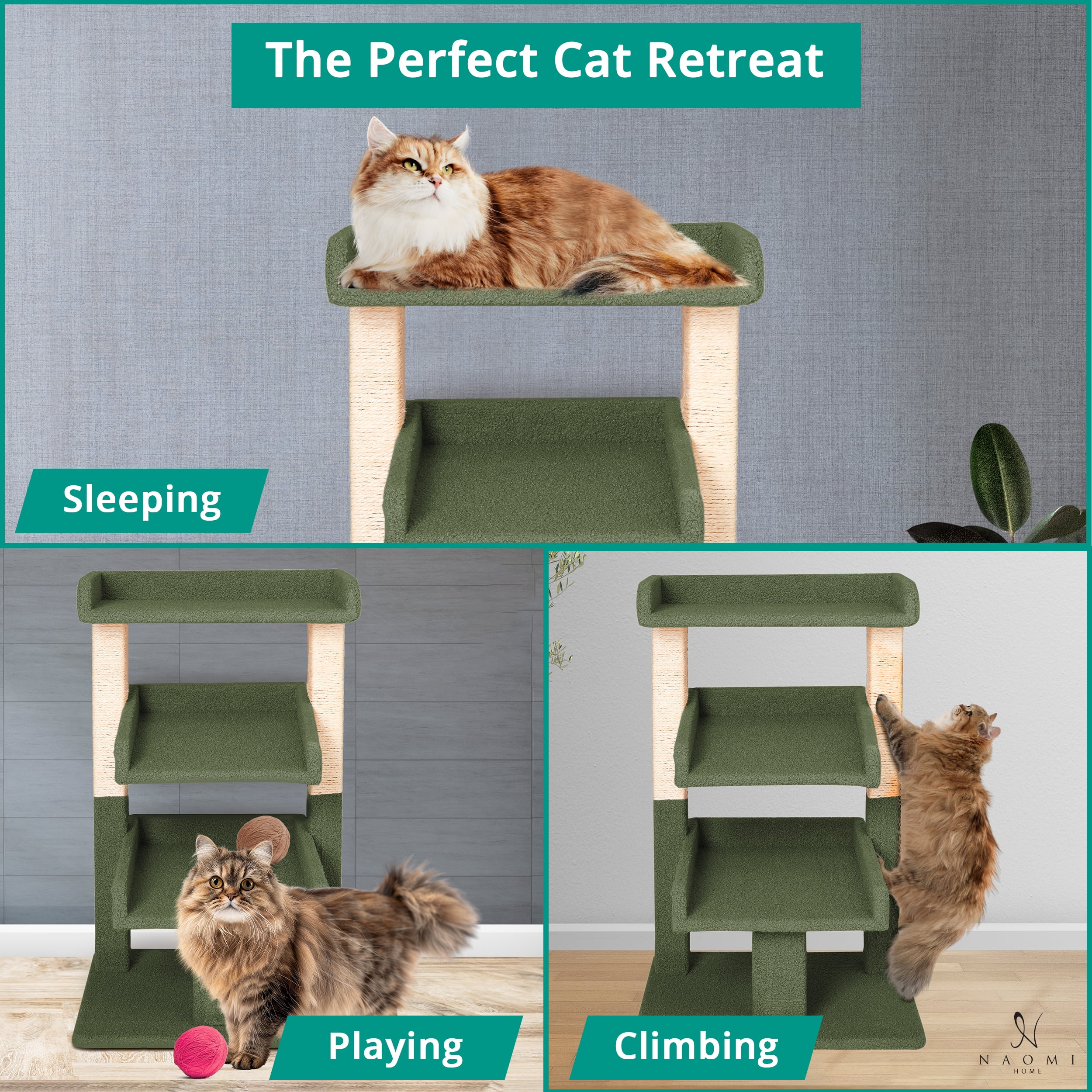 Nala 3-Tier Cat Tree Tower for Indoor Cats – Large Cat Tower & Cat Condo for Large Cats | Cat Tree House & Cat Castle for Multi-Cat Homes -Color: Green