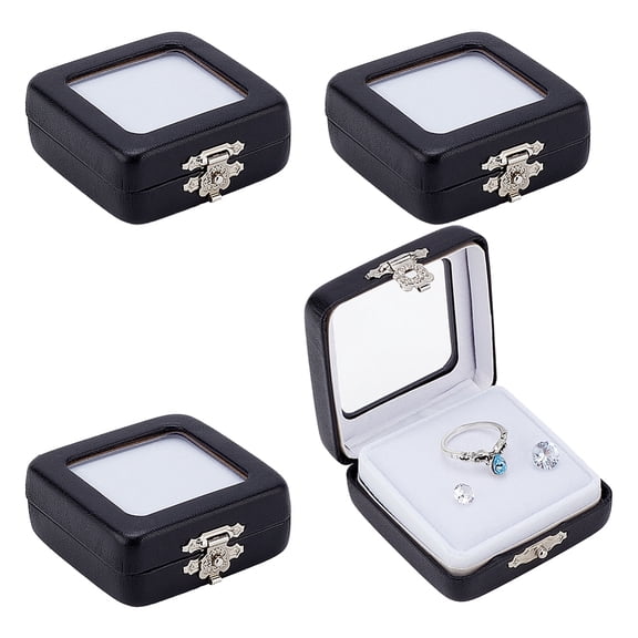 4pcs PU Leather Gemstone Display Box Small Jewelry Containers Black Rectangle Storage Case Rock Collection Box with Visible Window