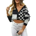thumbnail image 2 of Womens Color Block Plaid Button Down Cardigan Long Sleeve Cable Knit Checkered Sweaters Tops Y2k Aesthetic Clothes Black S, 2 of 10