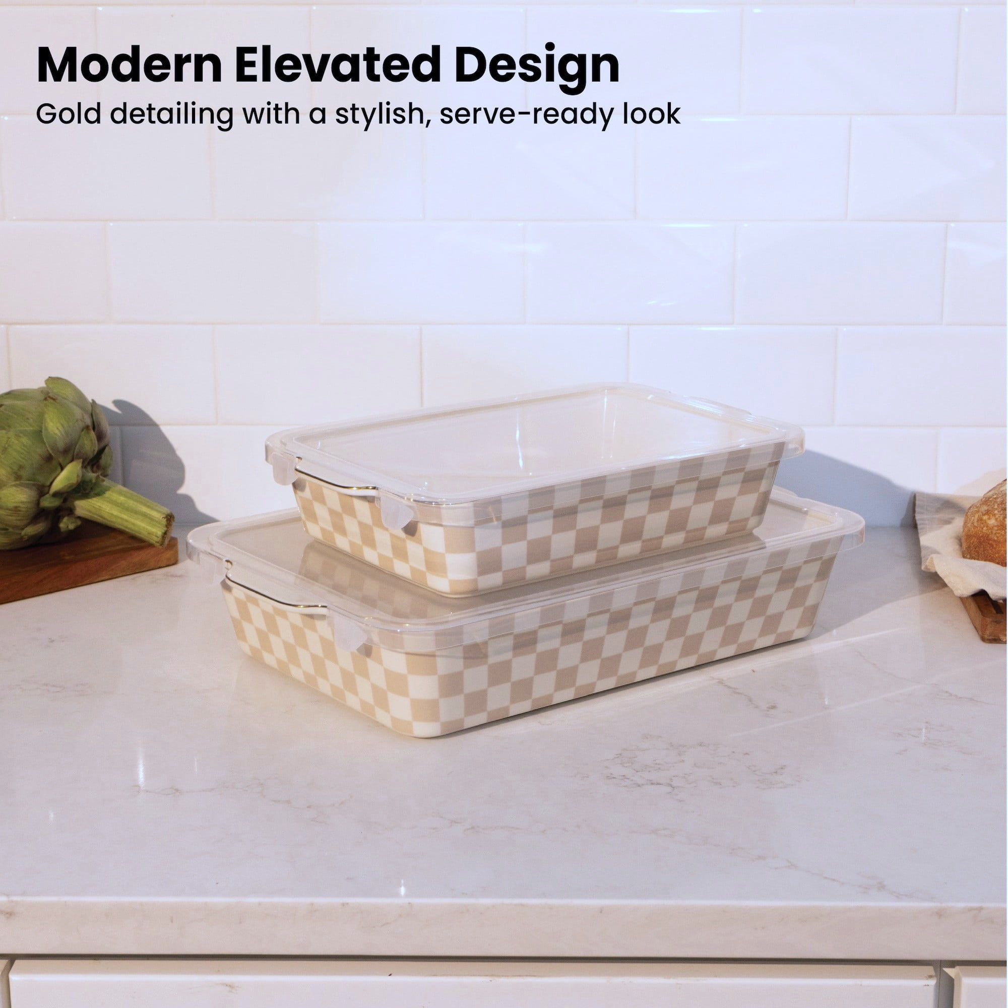 Thyme & Table 4-Piece Checkered Ceramic Casserole Dish Set with Lids, Tan
