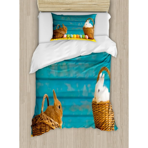 Easter Bunny Duvet Cover Set Twin Size, Two Cute Easter Rabbits with ...