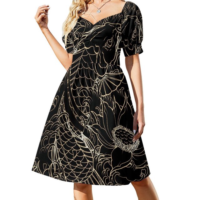 Vestido de manga corta con diseño de peces koi y flores, ropa de playa para mujer, vestido holgado de verano.