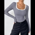 thumbnail image 4 of Camisas de Larga con Cuello Redondo para Mujer, Blusas Informales de Punto Acanalado de Corte Ajustado, Camisetas Básicas de Trabajo para Verano y Otoño. Azul Marino M, 4 of 8