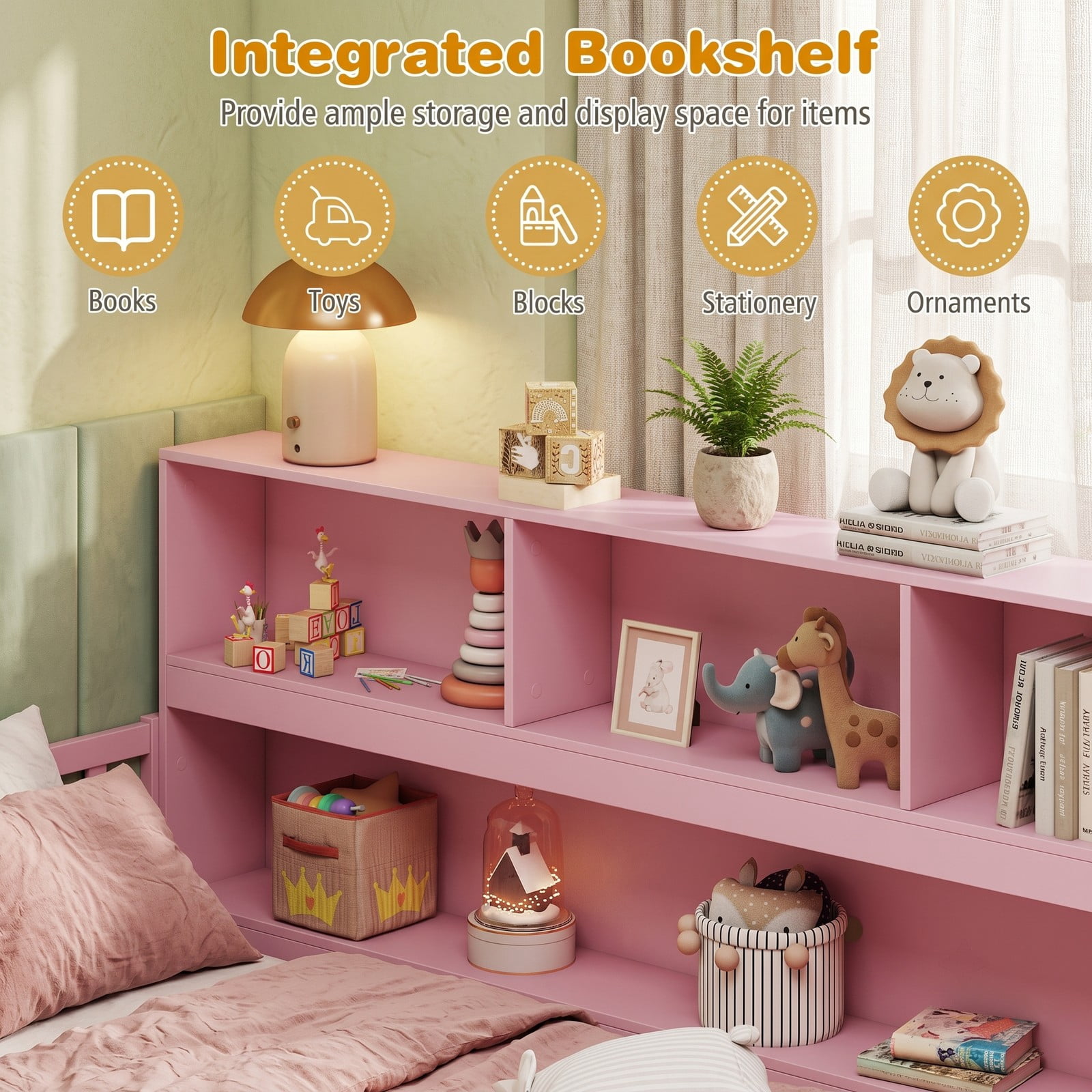 Furnibear Full Size Bed Frame Montessori Floor Bed with Bookcase Headboard and Full Length Fence Rails for Kids Room, Pink