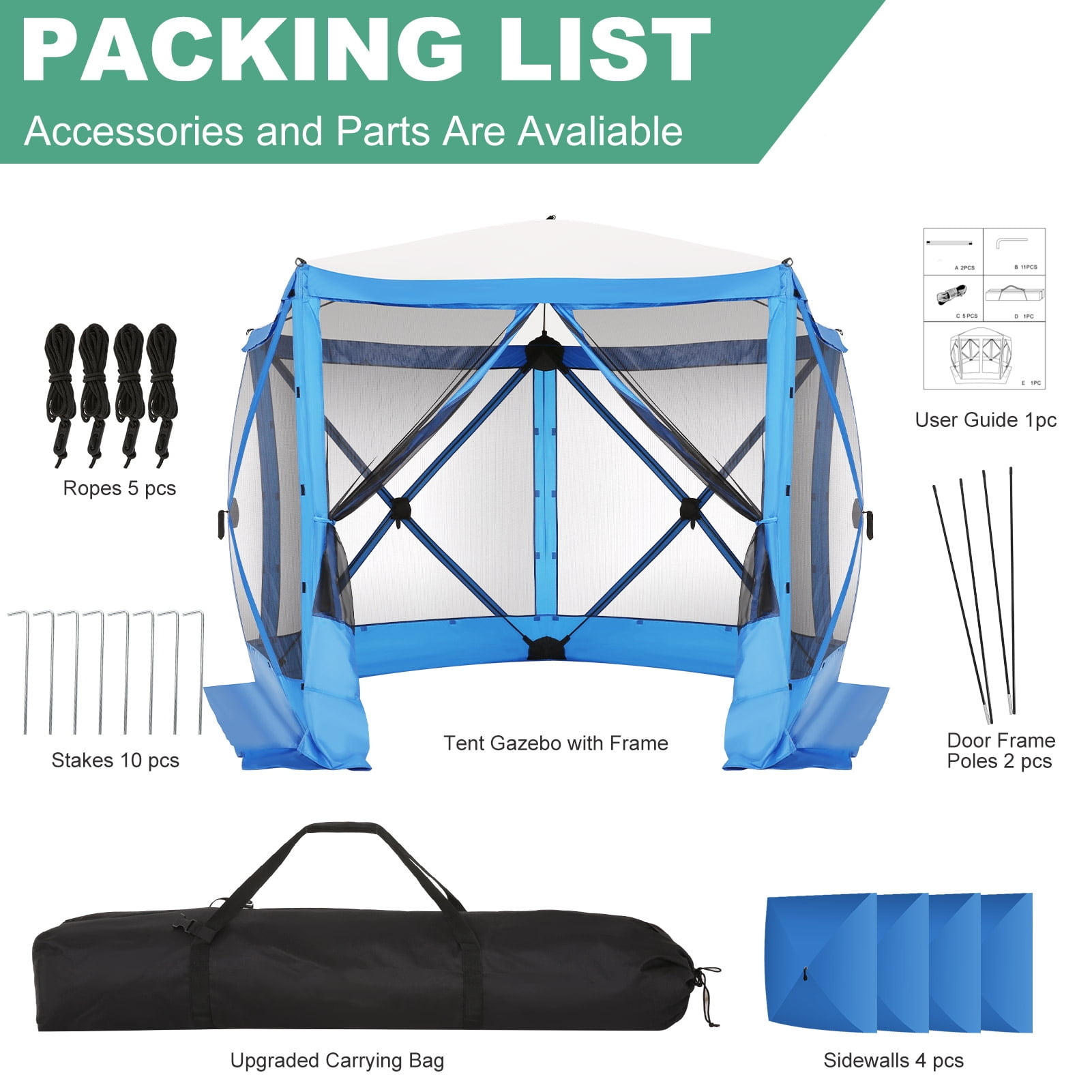 HOTEEL 10x10 ft Pop Up Gazebo Screen House Tent for Camping with 4 Sidewalls and Mosquito Netting, Waterproof, UV Resistant, Portable Carry Bag, for Outdoor Camping, Lawn and Backyard, Blue