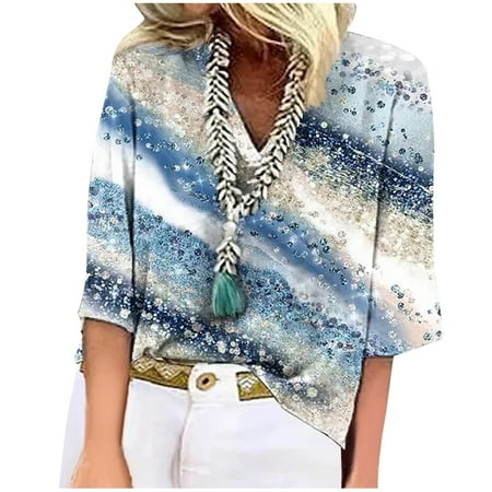 IYYVV Lace Blouses for Women Patchwork 3/4 Sleeve Cotton Workout Tops for Women V Neck Hollow Corset Tops Vintage Flowy Hiking Shirts Women Half Sleeves Hide Belly Summer Blouses Blue XXL
