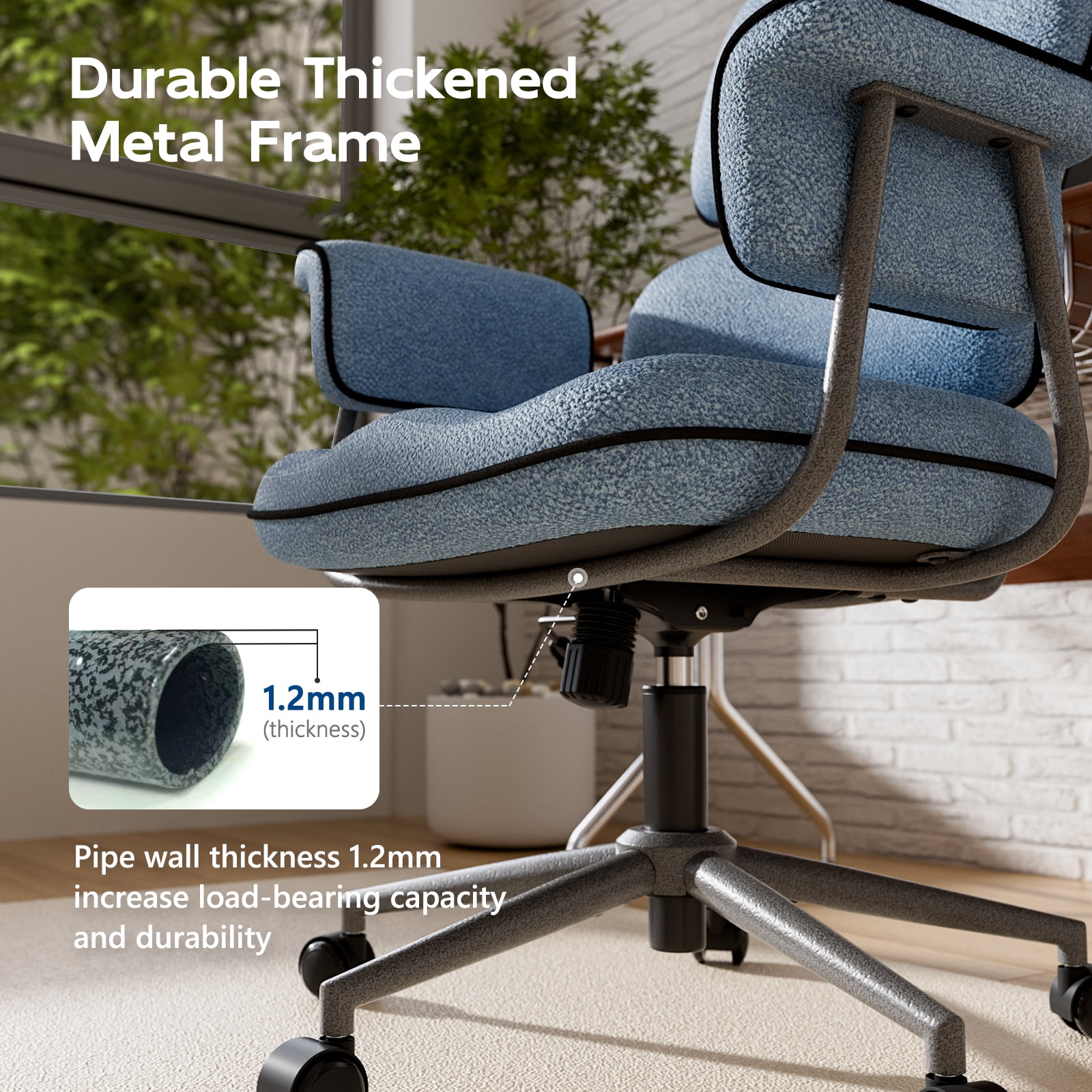 HomeZeer Executive Mid Century Modern Office Chair, Blue Linen Fabric with Memory Foam Wide Seat, Split Back, Padded Arms & Adjustable Height, Vintage Desk Chair for Home Office, Wheels Included