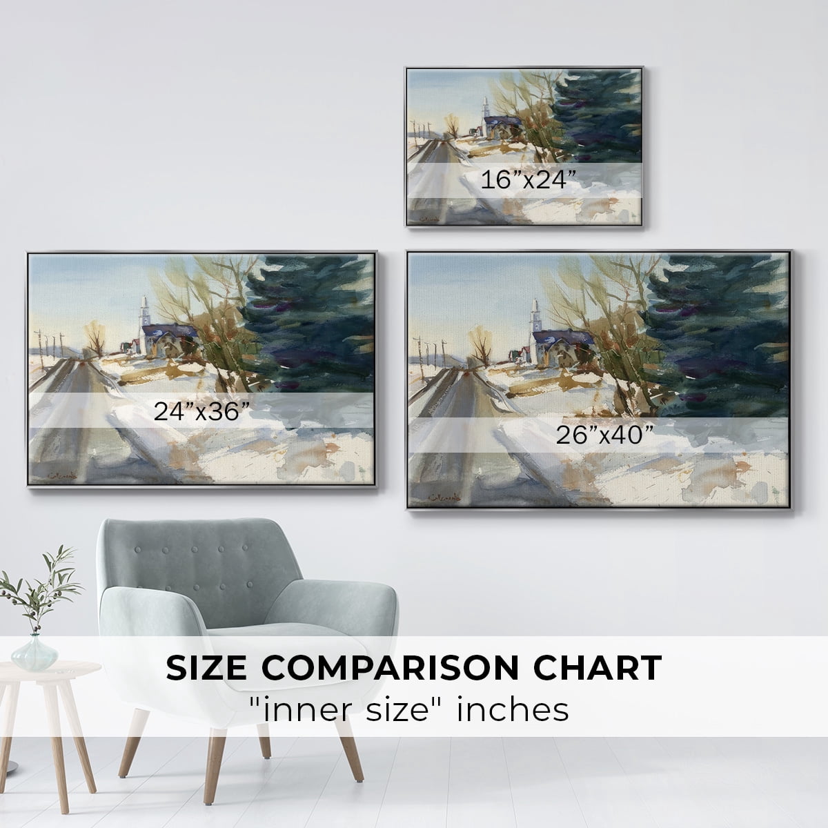Congregational Church in Winter - Framed Gallery Wrapped Holiday Canvas - 25 x 37 - Silver Frame