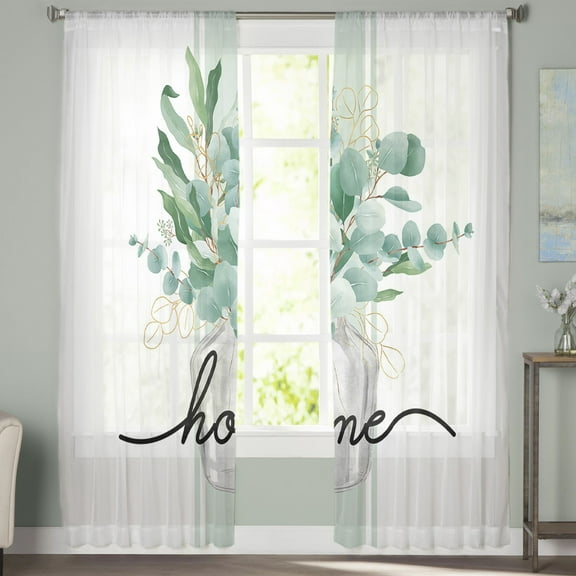 Sheer Curtains 63 inches Long, HOME Vintage Green Eucalyptus Leaves Light Filtering Sheer Window Curtains Rod Pocket Voile Drapes for Bedroom Living Room, 52"W x 63"L 2 Panels