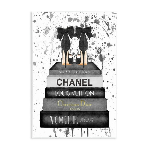 The Stupell Home Decor Collection Glam Fashion Book Stack Grey Bow Pump Heels Ink Oversized Wall Plaque Art