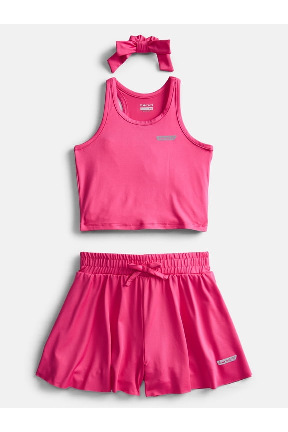 Girls Athletic Racerback Tank Top, Shorts and Hair Bow, 3-Piece Outfit Set, Sizes 4-16