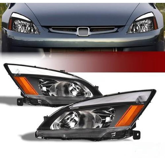 For 2003-2007 Honda Accord Black Crystal Headlights Signal Amber w/LED Tube Bar