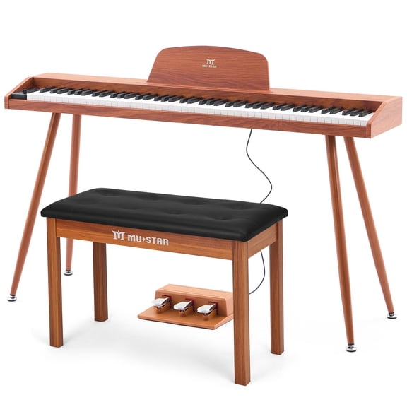 Mustar 88 Key Portable Electric Digital Keyboard Piano Semi Weighted with Storage Stool, 3 Pedals, Built-In Speakers, USB/MIDI, Brown