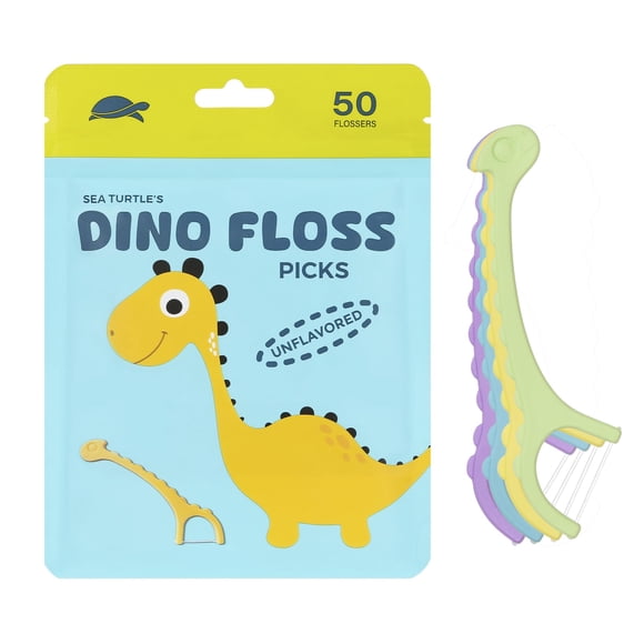 Hilo dental infantil Dino Sea Turtle con mango de almidón de maíz, 50 piezas