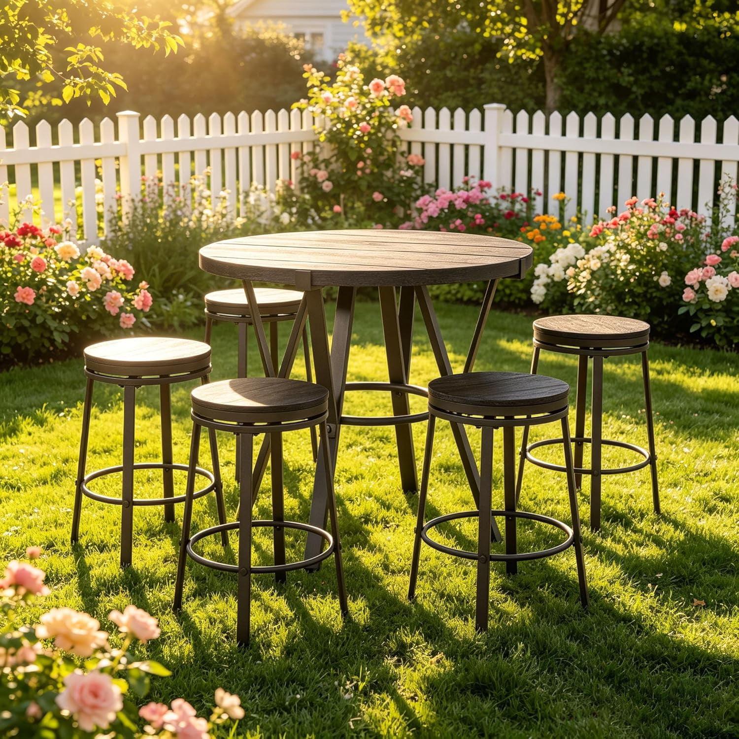 MOONMISS Wooden Round Dining Table with 4 Swivel Wooden Stools, 5 Piece Kitchen Table Set for Small Space Apartment, 34" Metal Frame and Wood Top Pub Table Set, Easy Assembly, Rustic Brown