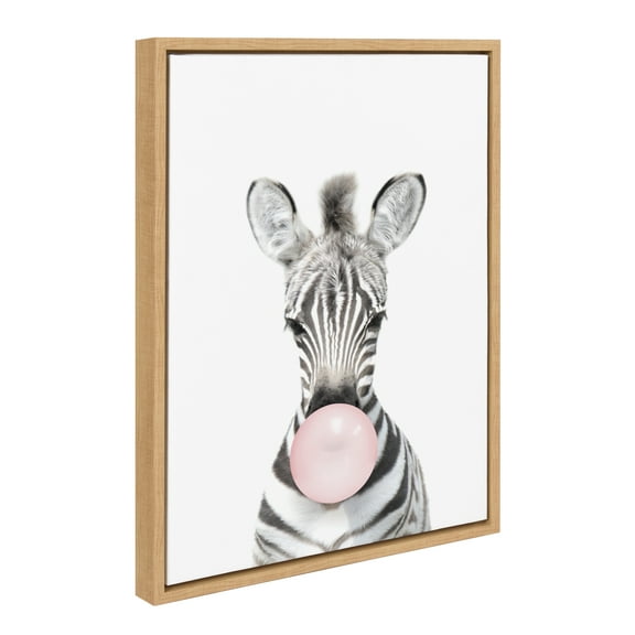 Kate and Laurel Sylvie Bubble Gum Zebra Framed Canvas Wall Art by Amy Peterson Art Studio, 18x24 Natural, Cute Whimsical Animal Art for Wall