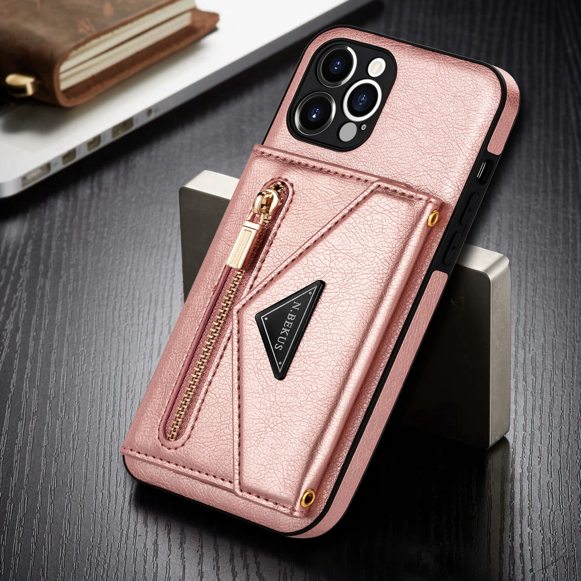 Dteck Card Holder Wallet Case for Apple iPhone 13 Pro Max 6.7-inch,Shockproof Rubber Silicone Bumper PU Leather Card Pocket Hybrid Protective Kickstand Cover with Cross Body Shoulder Strap,Pink