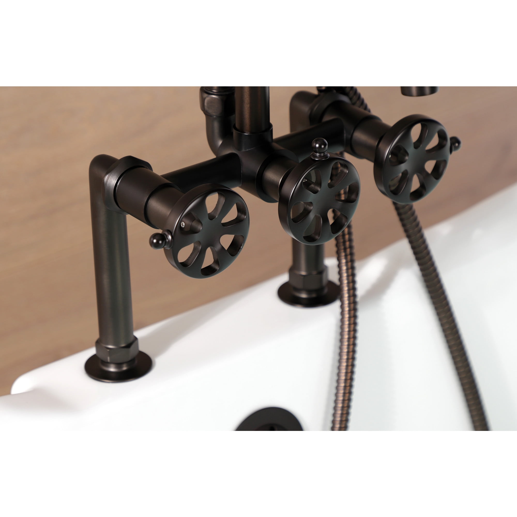 Kingston Brass AE8105RX Belknap Three-Handle 2-Hole Deck-Mount Clawfoot Tub Faucet with Hand Shower in Oil Rubbed Bronze