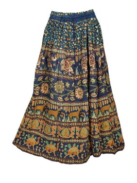 Mogul Womens Jungle Love Elephant Print Long Skirt A-Line Gypsy Boho Hippie Handmade Blue Cotton Summer Skirts