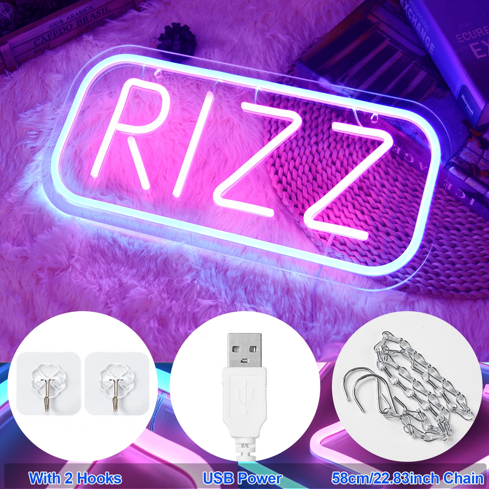 RIZZ LED Neon Sign Neon Sign Light 15.7"x 7.8" LED Neon Light with On/Off Switch Wave Neon Sign for Wall Home Party Decoration