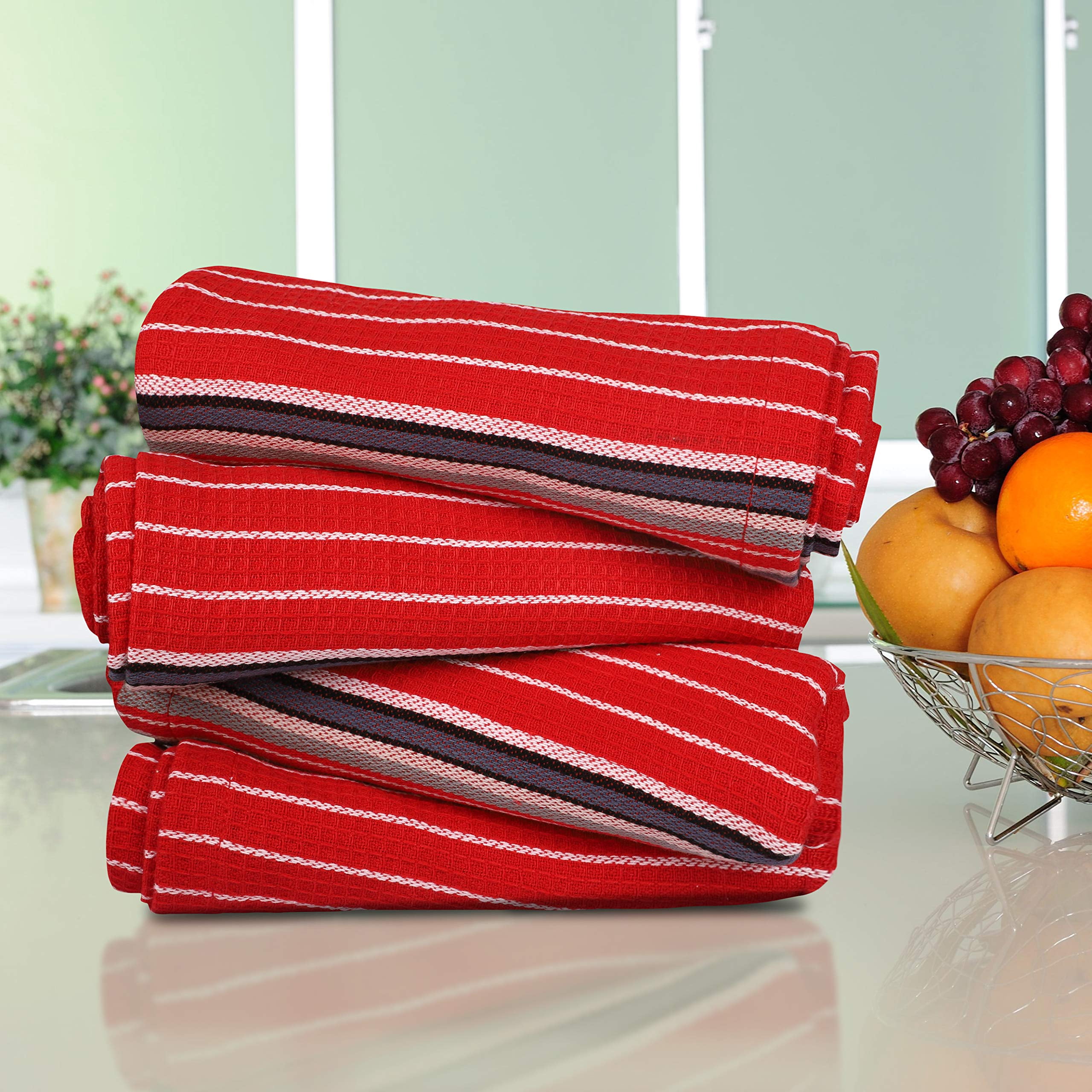 Urban Villa Kitchen Towels Waffle Stripes Dish Towels for Kitchen Cherry Red Set of 6 Kitchen Towels Highly Absorbent Cotton Over Sized 20X30 in with Mitered Corners Kitchen Hand Tea Towels