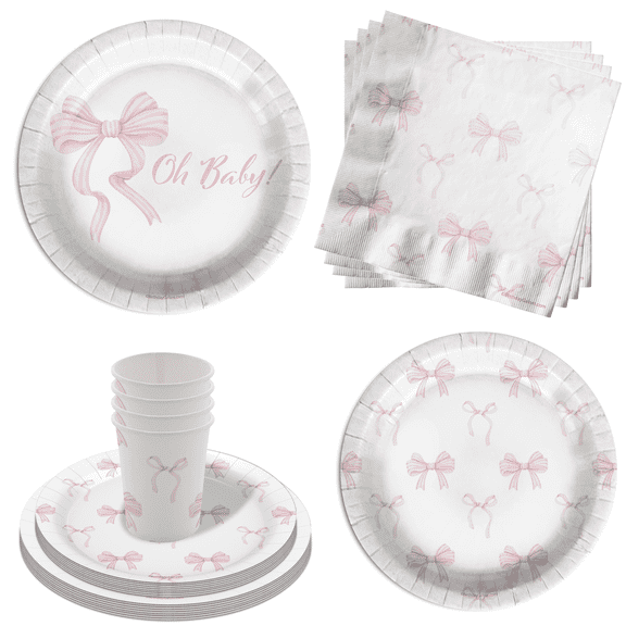 Oh Baby Pink Bows Baby Shower Party Supplies - 64 Piece Baby Shower Tableware Set Includes Large 9" Dinner Plates and 8" Dessert Paper Plates Napkins Cups - Kit for 16