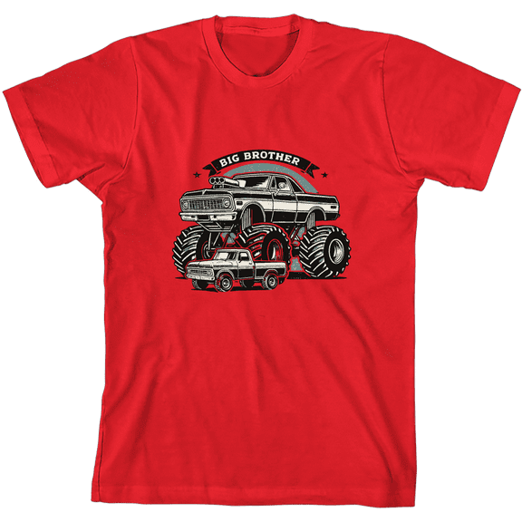 Big Brother Monster Truck Boy's Red Crew Neck Short Sleeve Tee-XS