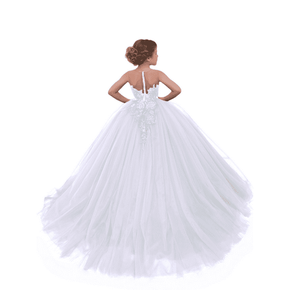 Junior Bridesmaid Dresses Tulle Round Neck Long Train Puff Ball Gown Flower Girl Dress for Teens Girls Formal Dress Elegant Party Wear White-2Y