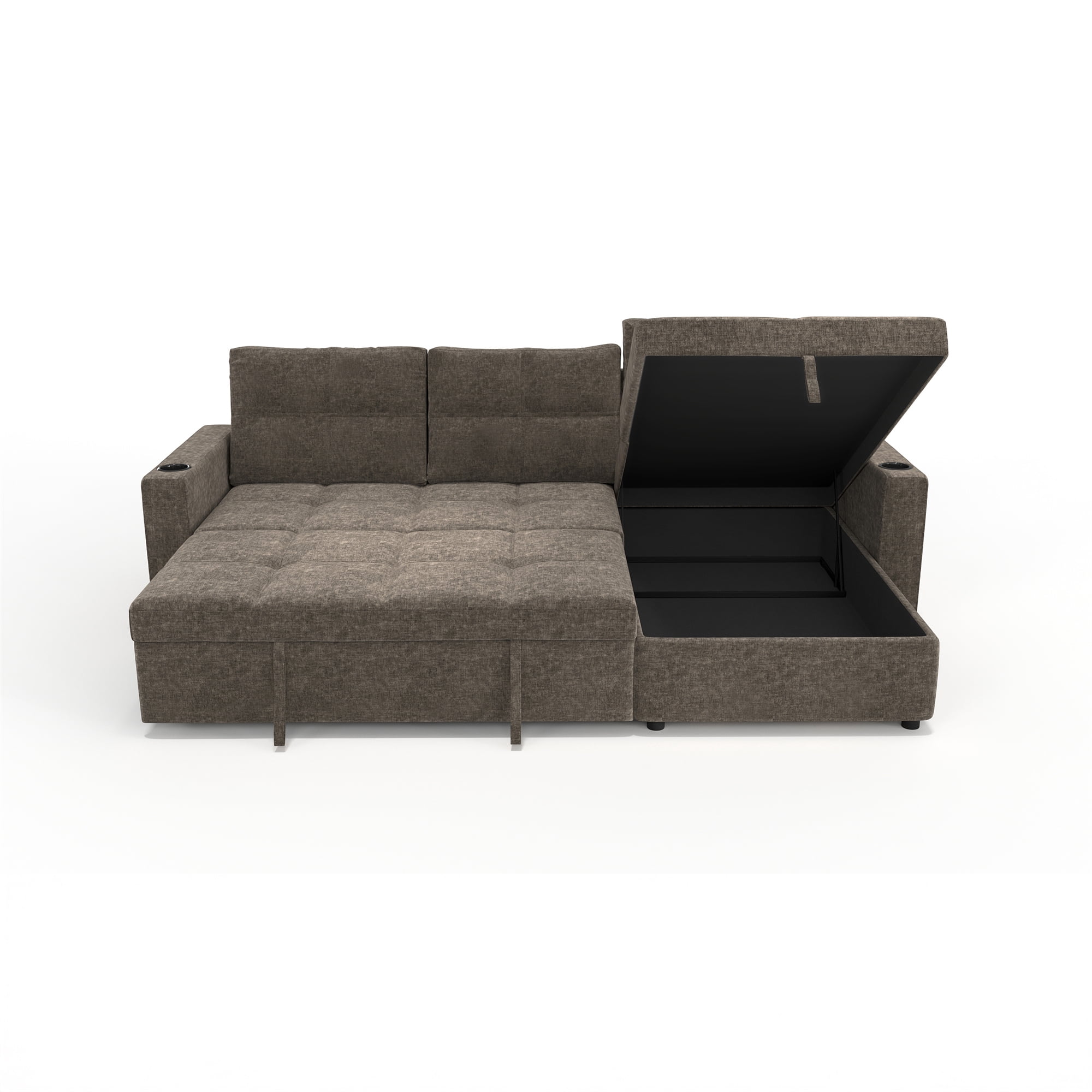 Modern Contemporary Convertible Chaise Sectional with Hidden Storage & Sleeper, Dark Grey