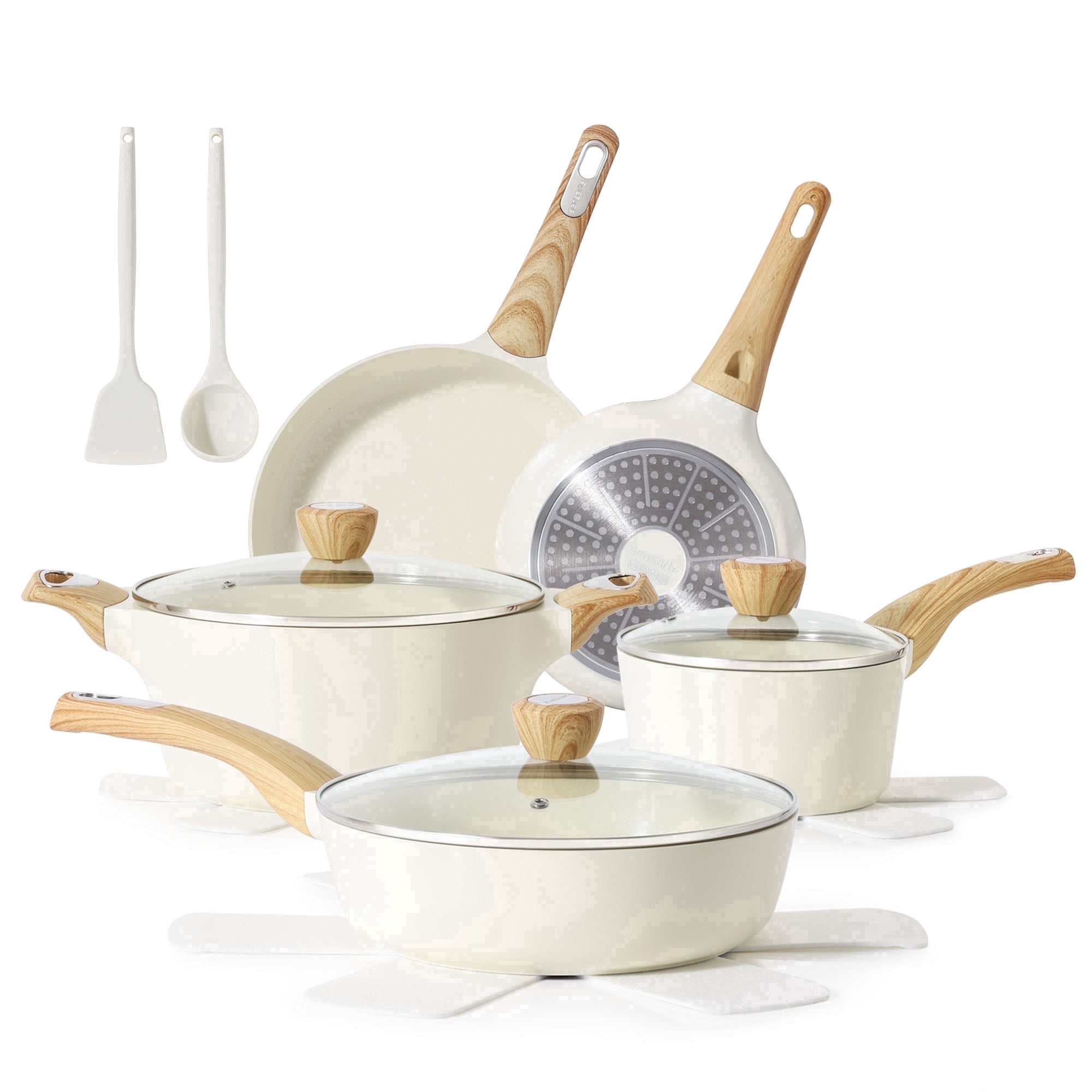 SENSARTE 13-Piece Ceramic Pots and Pans Set, White Nonstick Cookware Set, Healthy Kitchen Cooking Sets with Stay-Cool Handles, Induction Compatible, Stackable