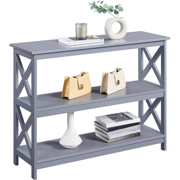 LibraMAl Console Table with 3 Storage Shelves, Entryway Table Sofa Side Table Narrow Long Bookshelf for Hallway Living Room, Accent Furniture, Gray