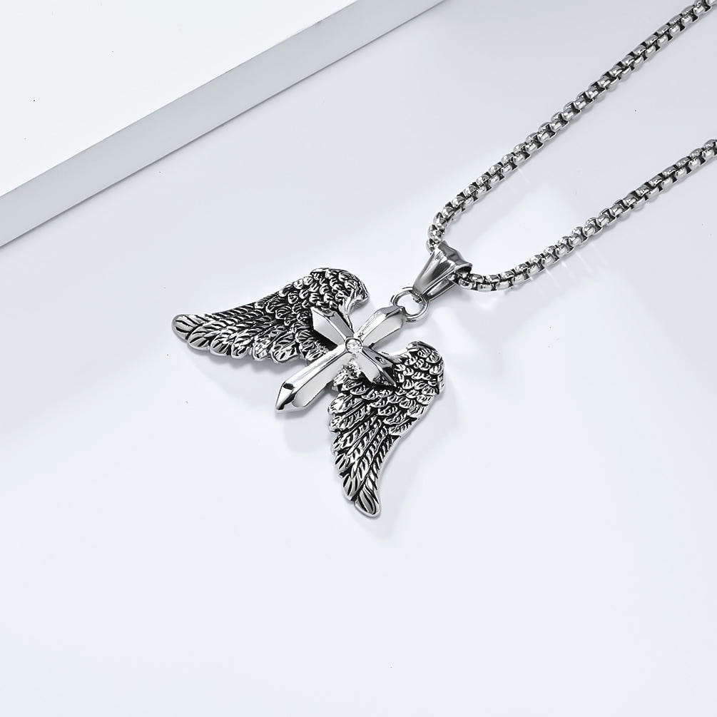 Angel Wing Cross Necklace, Vintage Cross Pendant, Christian Jewelry, Men's Gift, 23.62-inch