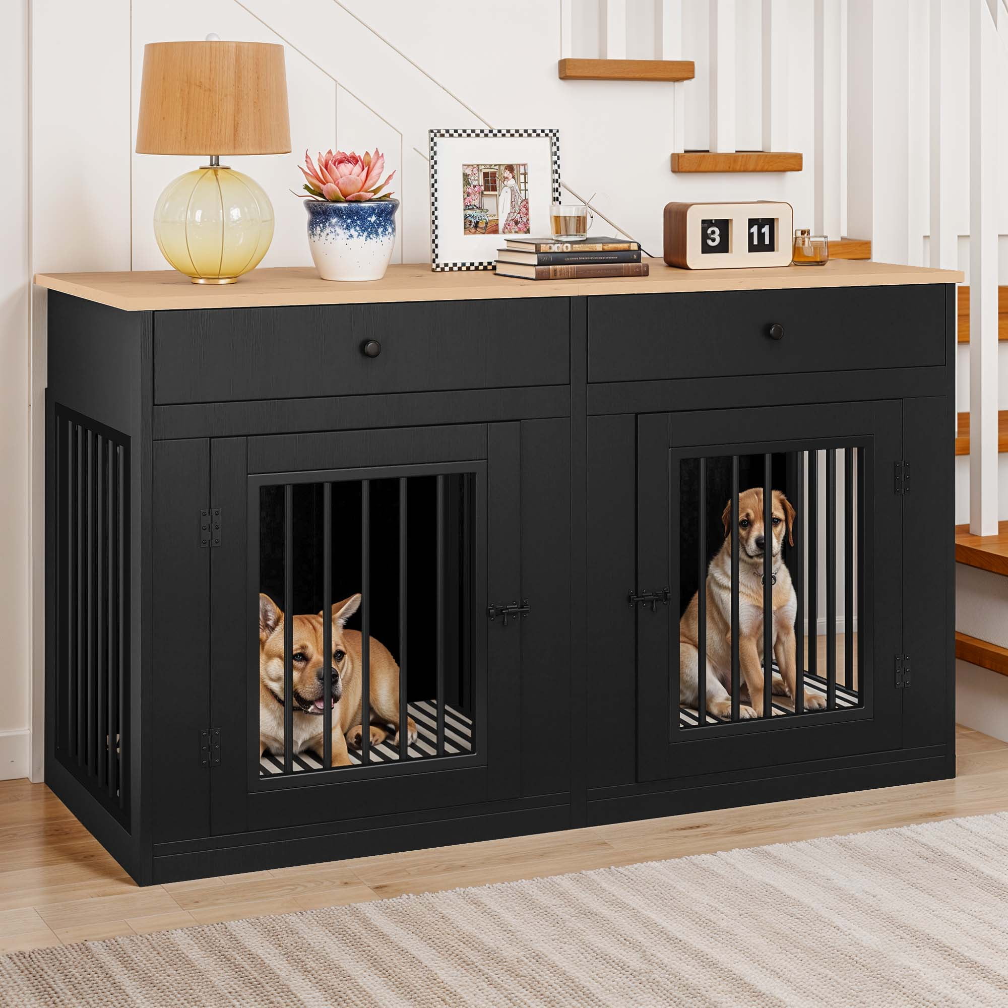 ModFusion 60" Black Dog Crate Furniture with Rustic Wood Top, Divider & Dual Drawers, Indoor Kennel Console for Large Dogs up to 80 lbs