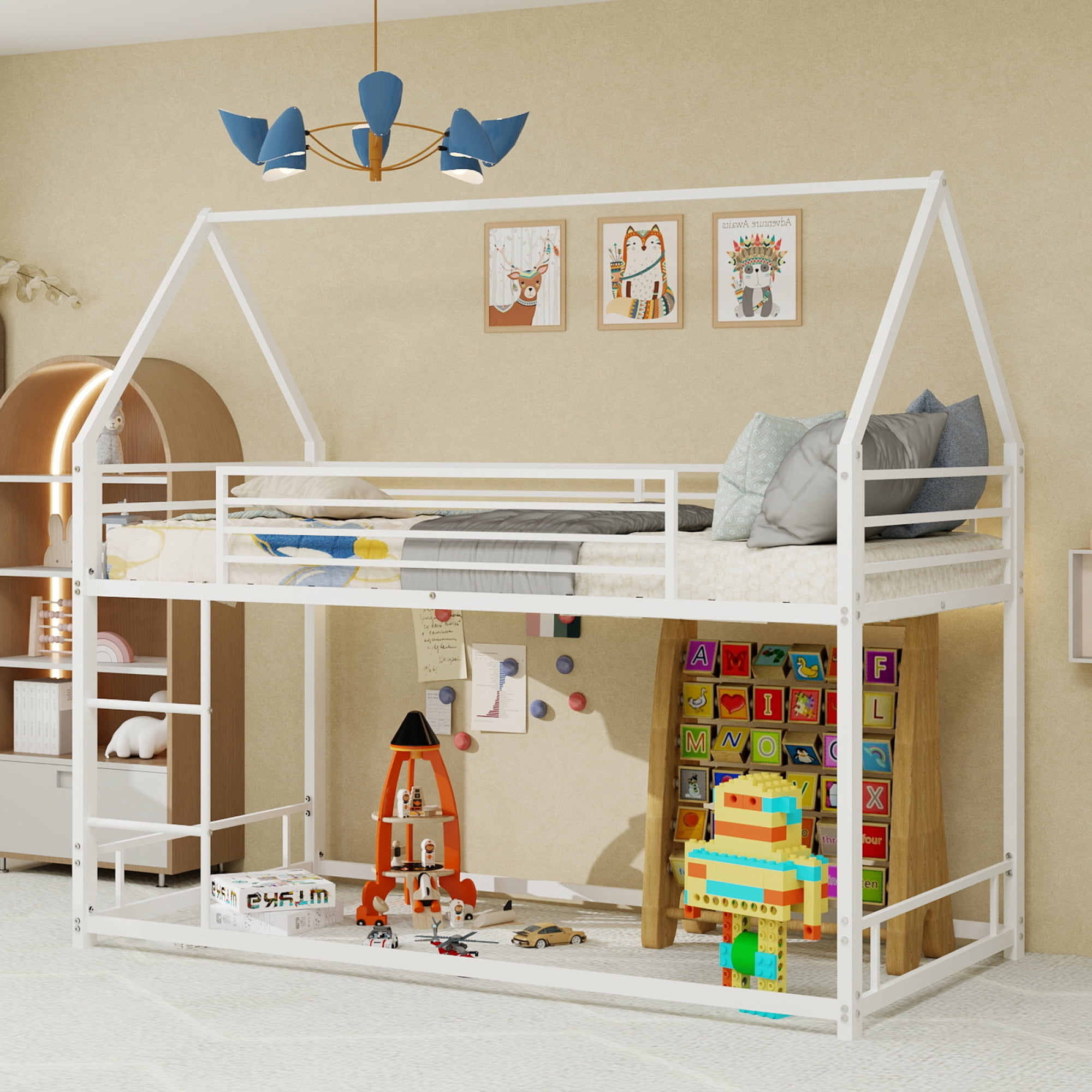 Leumius Twin Size Loft Bed,House Shape Metal Bed with Sturdy Frame, Space-Saving Design and Playhouse Style for Kids' Bedroom White