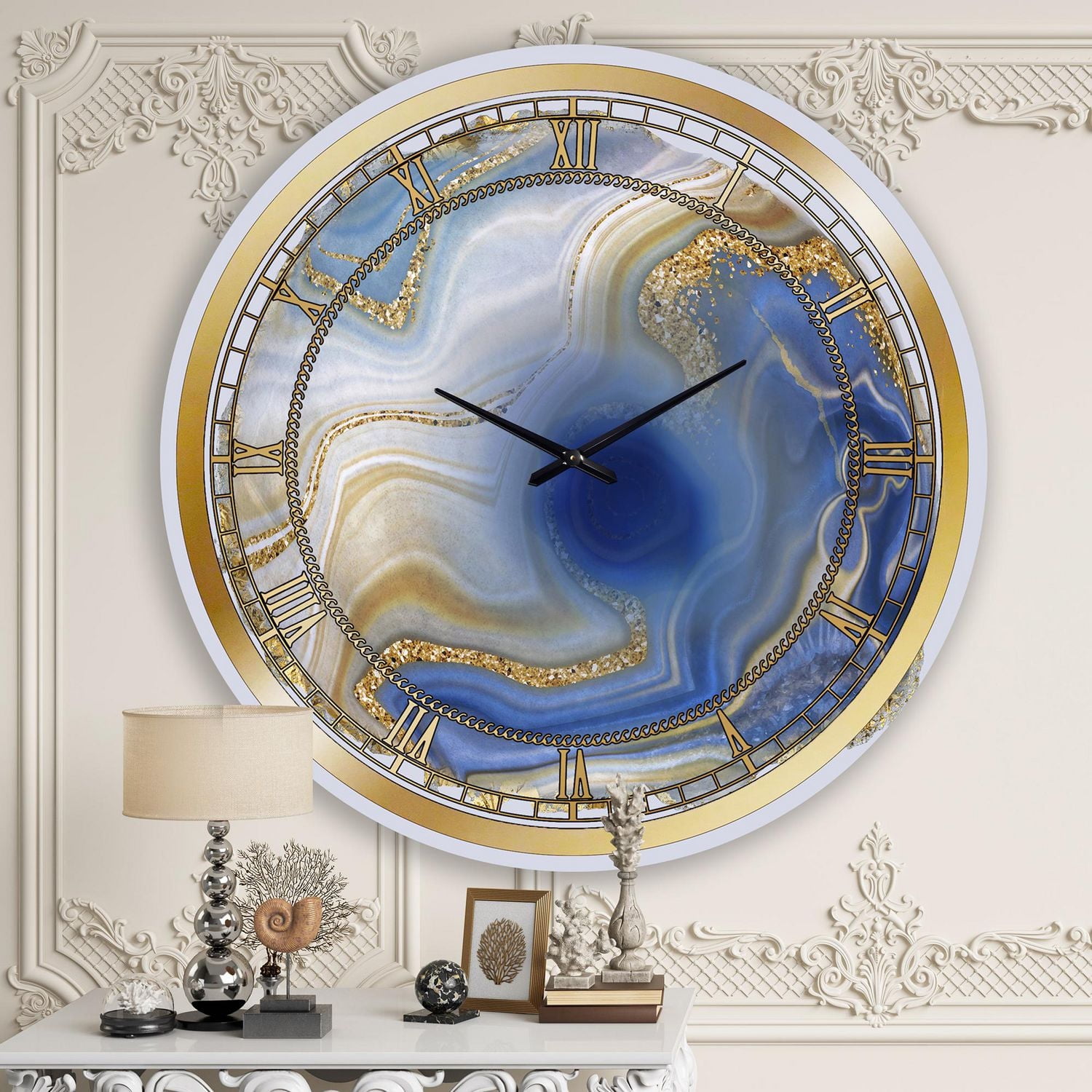 Designart 'Ocean Blue Golden Jasper Agate I' Modern wall clock