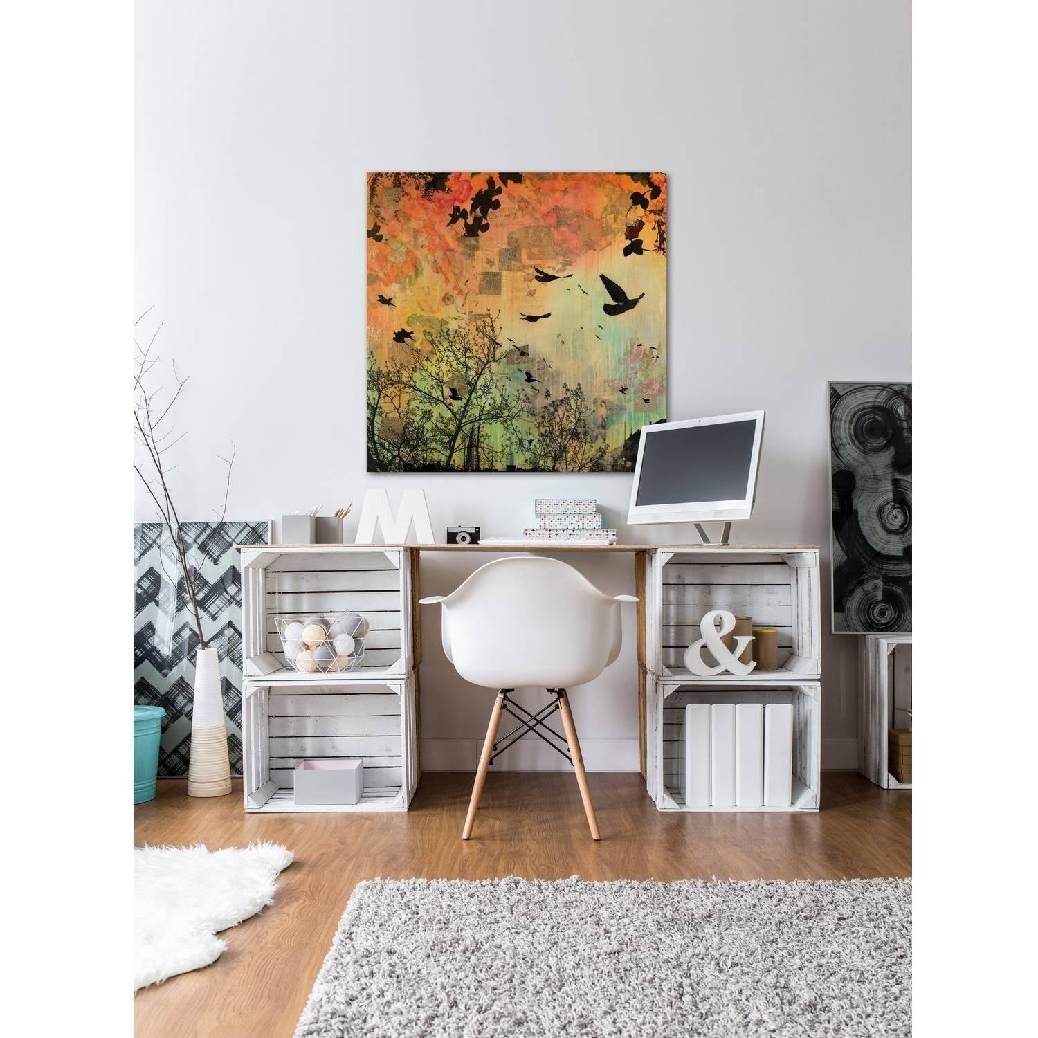 "Black Birds Dance" Painting Print on Wrapped Canvas