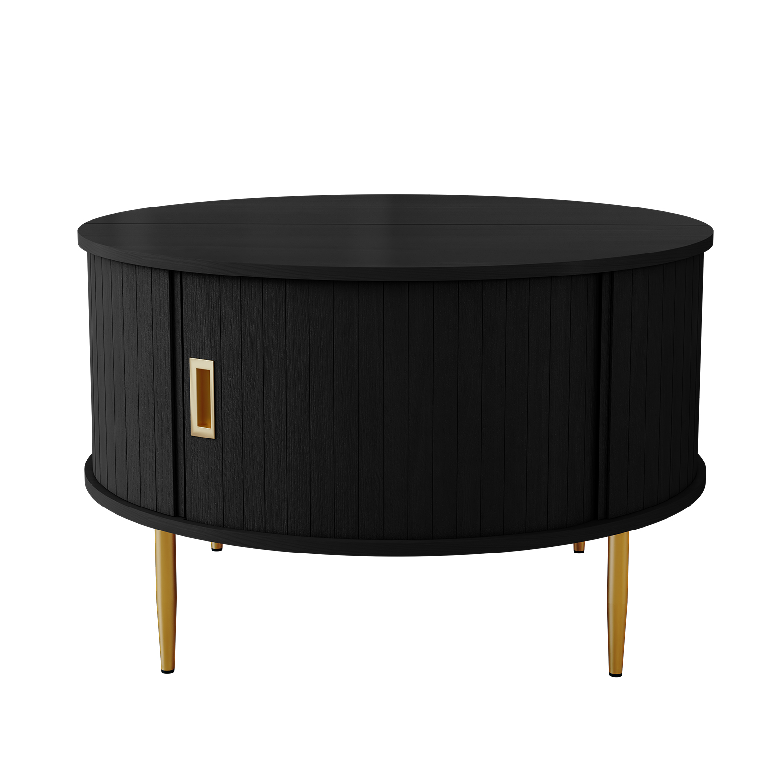 HLR Mid Century 31.5" Round Coffee Table with Sliding Tambour Door, Drum Center Table with Storage for Living Room, Black