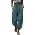 thumbnail image 6 of aohooy Womens Summer Drawstring Pants Flowy Palazzo Elastic Waist Trousers with Pockets Cotton Lightweight Vacation Lounge Pant Blue,XL, 6 of 7