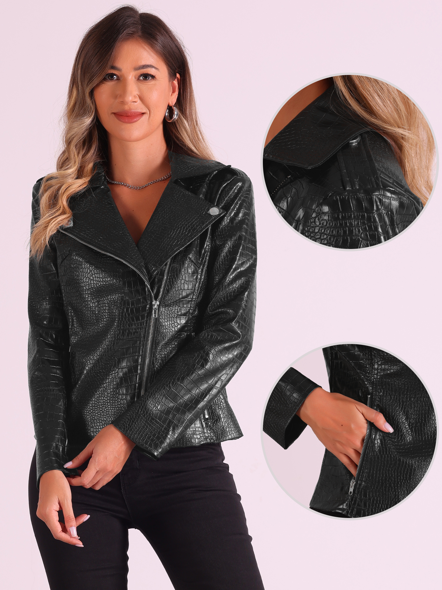DARING DIVA Women's Zip Up Faux Leather Cropped Jacket XS Black