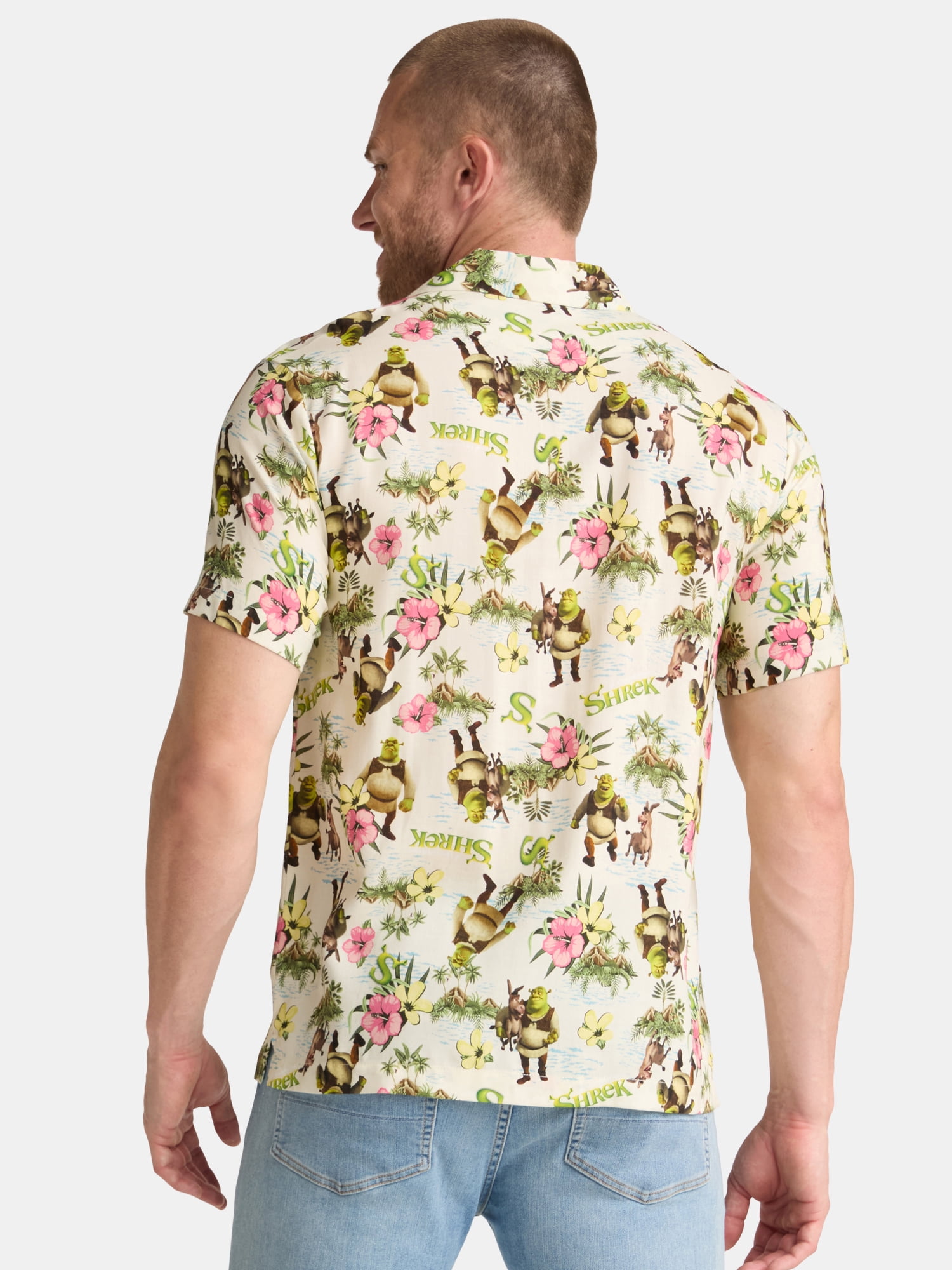 Shrek Men's and Big Men's Swamp Flowers Graphic Button Up Shirt, Sizes S-3XL