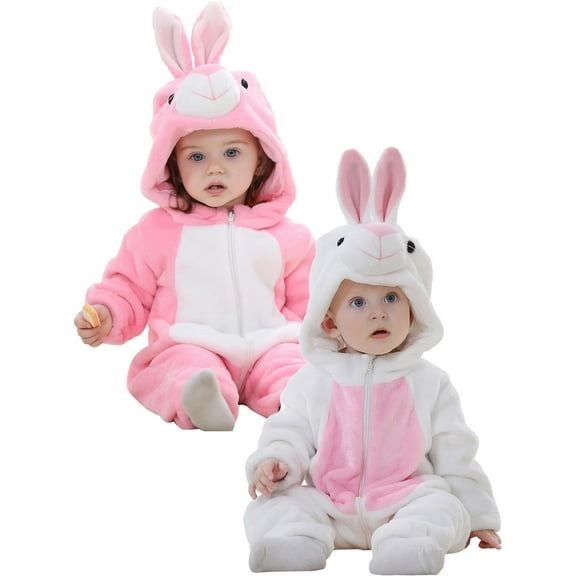QEFJNO Newborn Infant Animal Bunny Baby Easter Romper Long Ear Rabbit Hoodie Romper Flannel Jumpsuit with Zipper