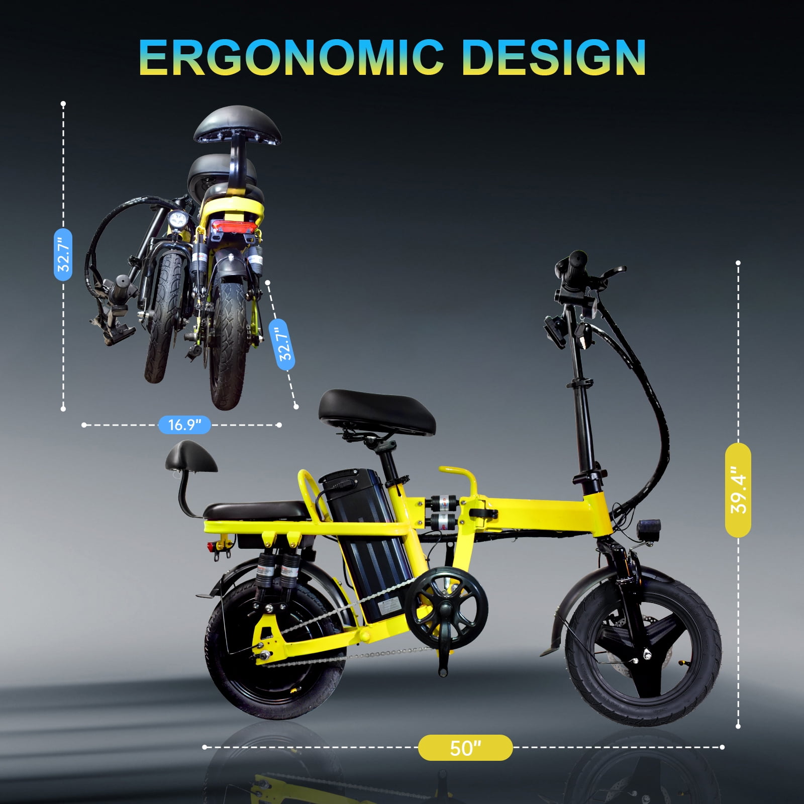 14" Foldable E-Bike: 48V 750W Peak Power,48V 20Ah Removable Lithium-Battery, 15.5mph, 50mile Range, 243lbs Capacity, electric bike for Commuting & Short trips