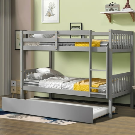 Anysun Bunk Bed for Kids-Wood Frame with Trundle-Twin over Twin-Gray