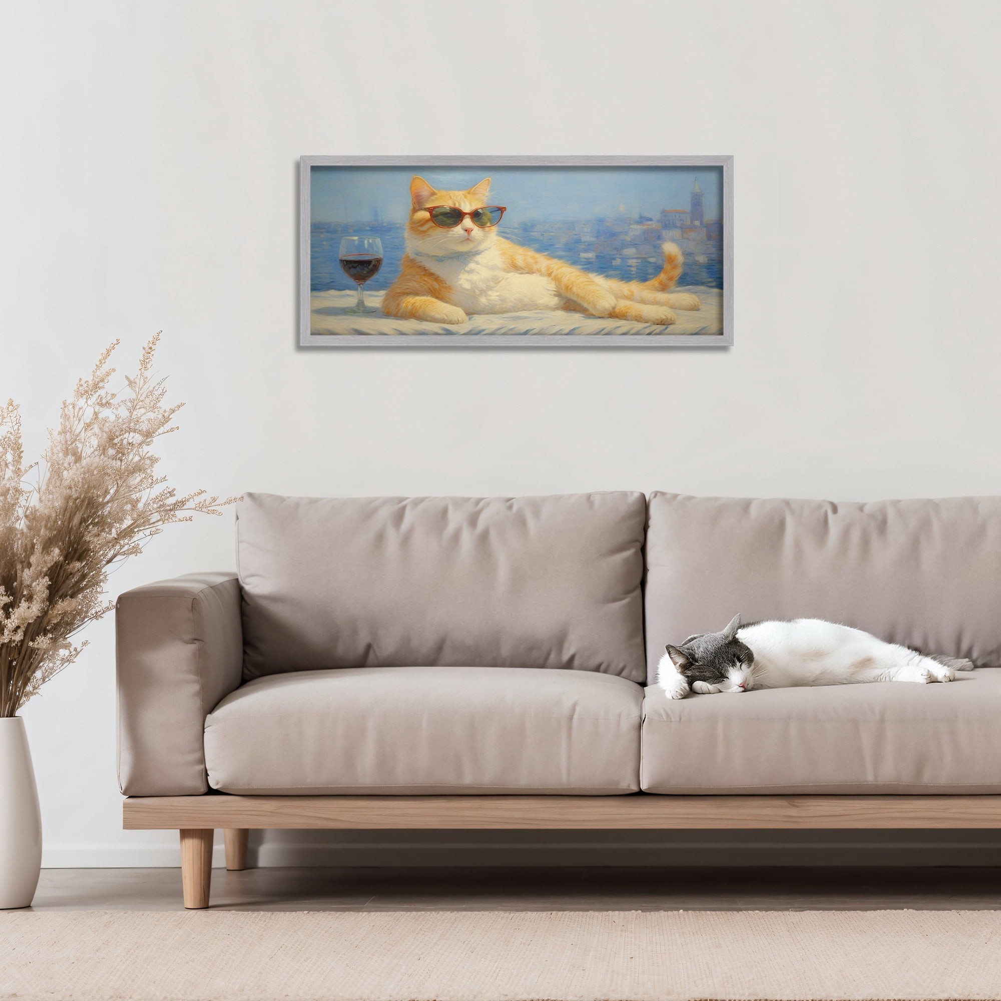 Stupell Industries Lounging Feline with Wine Glass Gray Framed Giclee Art, design by Angie Hawke