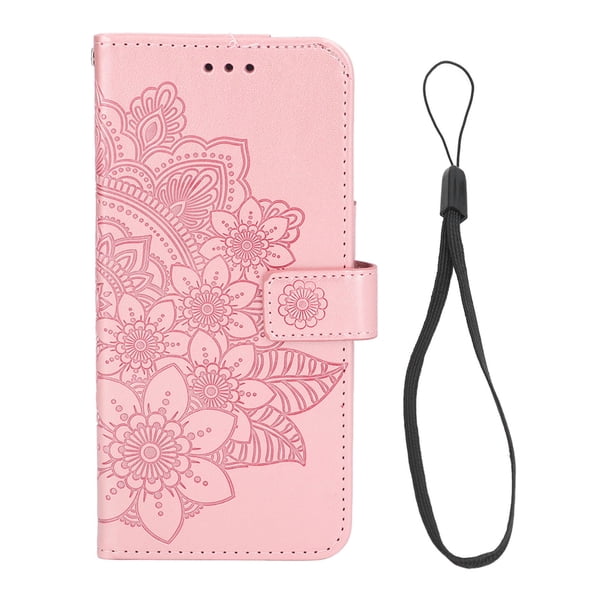 Estuche protector para teléfono con billetera Estuche para teléfono con billetera Protección completa Flor Hebilla magnética en relieve con pequeña cuerda para colgar para ANGGREK Otros