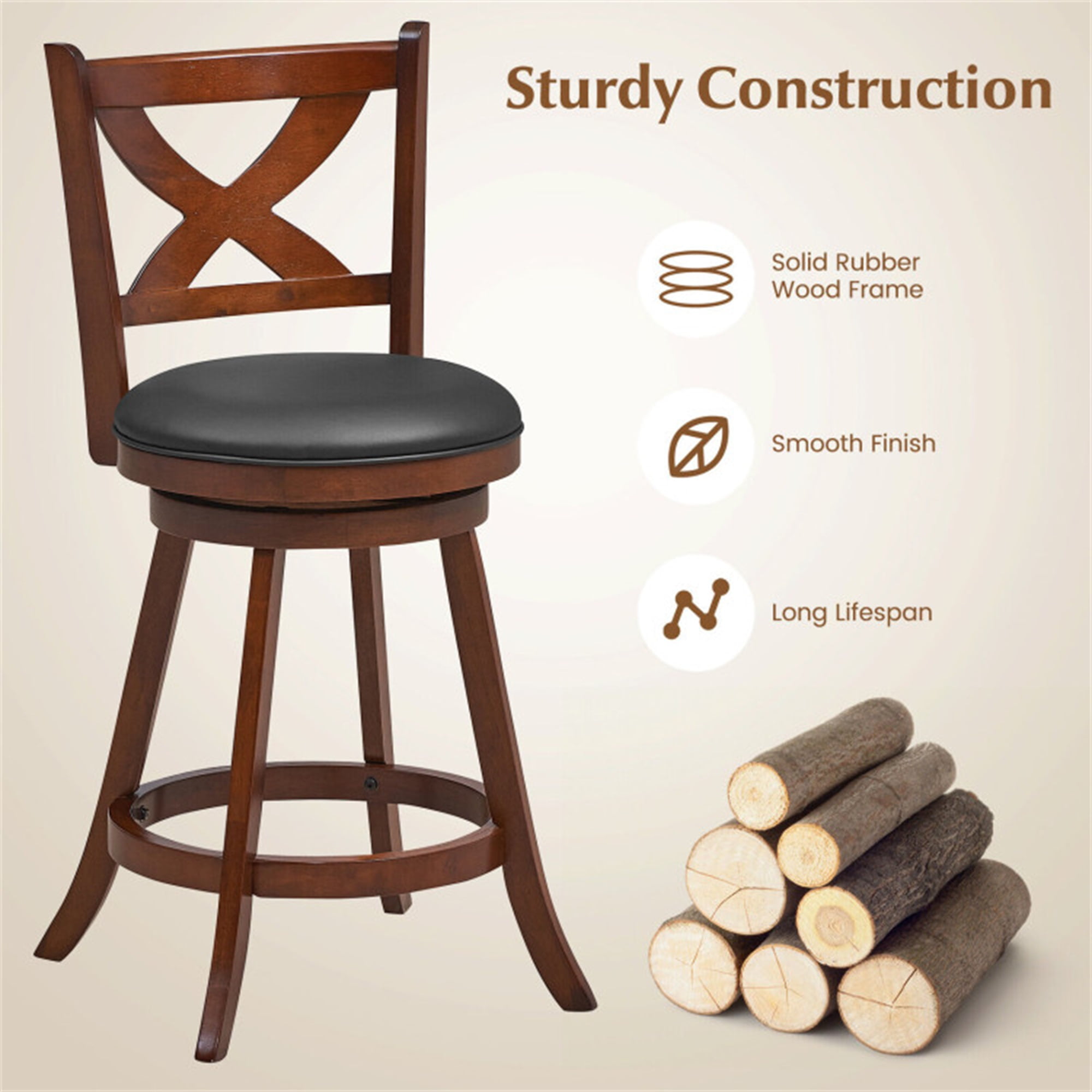 Demi Bonn 24" 2 Pieces Classic Counter Height Swivel Bar Stool Set with X-shaped Open Back, Modern Kitchen Dining Chair, Brown